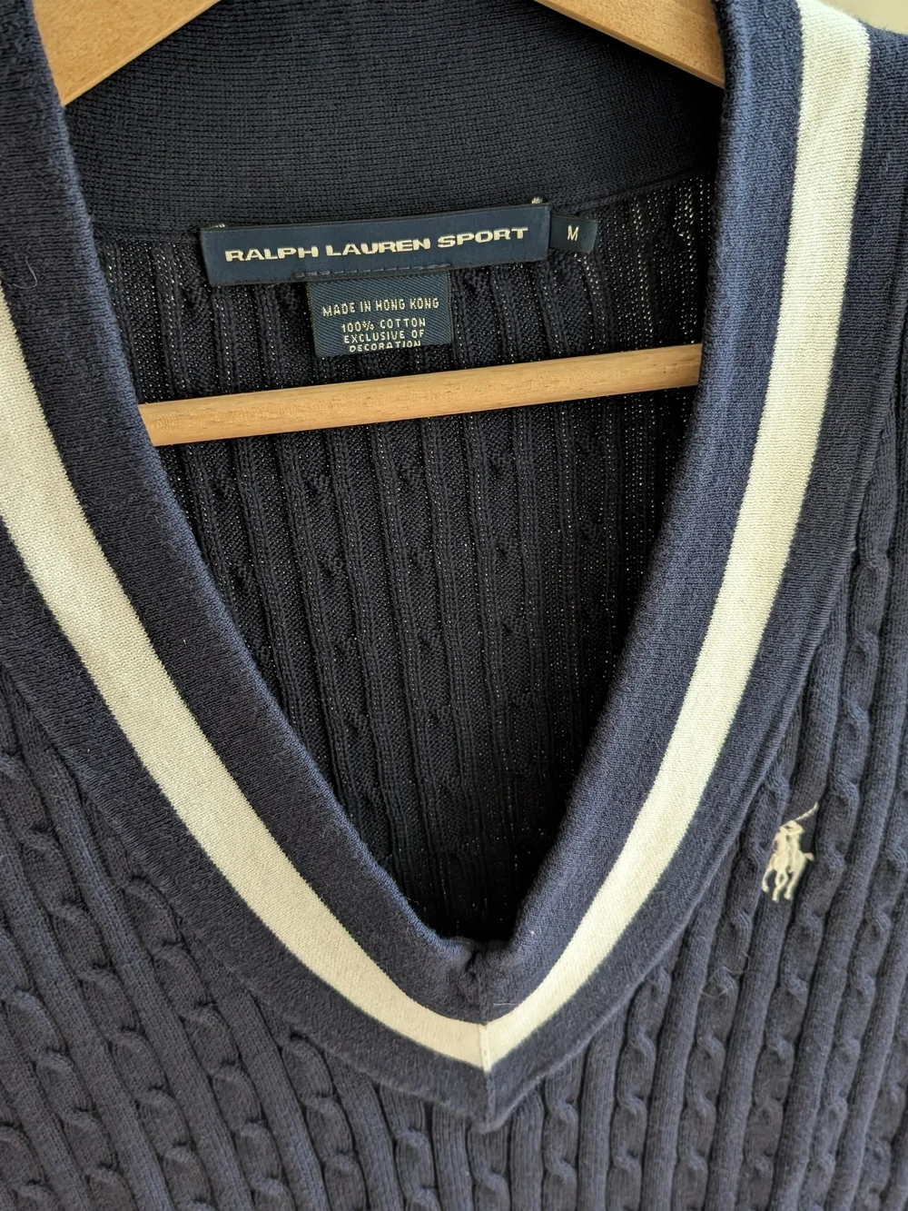 ✨SOLD✨ Vintage Ralph Lauren Varsity Striped Cable Knit V-neck Polo Tee In Navy - Picture 3 of 5